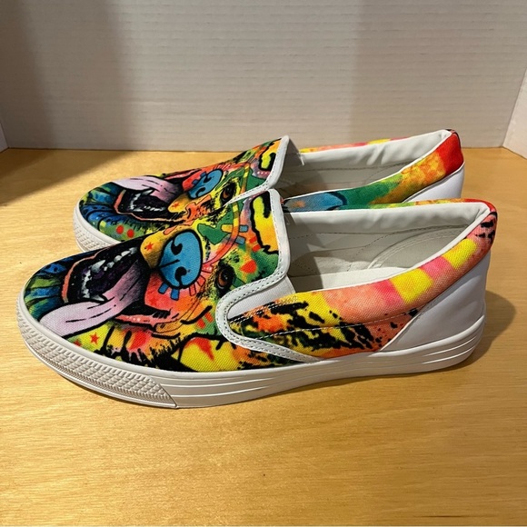 Colorful Dog Face Shoes Womens 9 Rainbow Hippie Boho Love Slip On - Picture 3 of 8